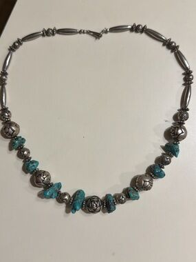 Turquoise Stone and Silver Bead Necklace - Women Jewelry 19 1/2 inches long